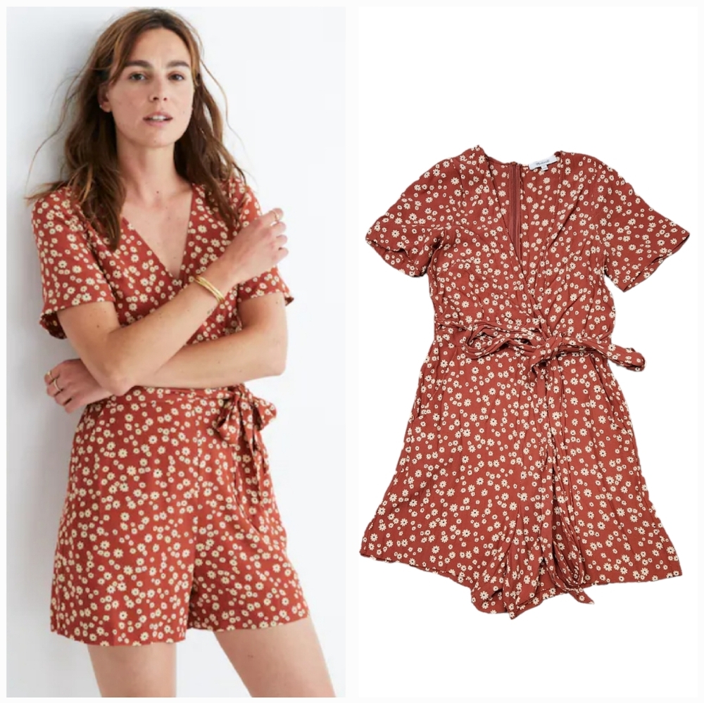 Madewell Wrap-Front Romper Shortsleeve Pockets in Daisy Field Size 0